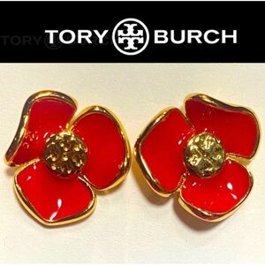 9AJ: TORY BURCH Red Flower w/Gold Trimming Earrings, NWOT